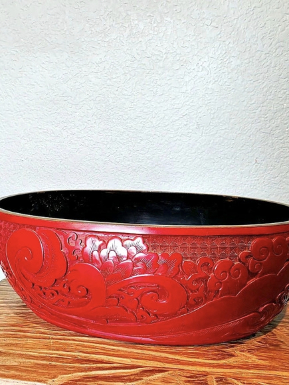 Vtg Mid 20th Century Chinese Hand Carved Floral Cinnabar Lacquer Large Bowl